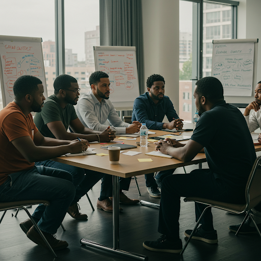 group of diverse men in a workshop about gender equality