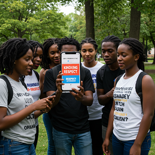 individuals looking at a phone screen displaying anti-cyberbullying messages.